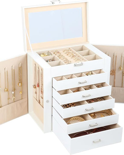 BOOVO Jewelry Box For women, 6 Layer Large Jewelry Organizer With Mirror, Multi-Function Storage Box With Lock, Necklace Holder With 5 Drawers, For Earrings Necklace Bracelet (Silver and White)