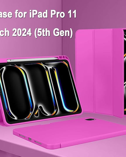 ZryXal iPad Pro 11 Inch Case (M5) 2025/ (M4) 2024 (Model: A2836/A2837/A3006), Trifold Stand Smart Cover with Pencil Holder and Soft TPU Back, Auto Wake/Sleep (Deep Pink)