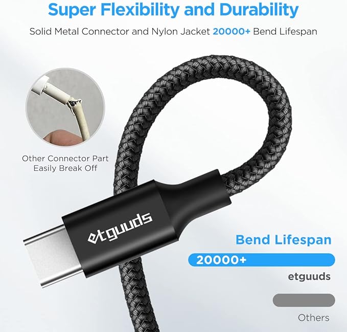 etguuds USB A to USB C Cable 6.6ft, 2-Pack, 3A Fast Charging Type C Charger Cord for iPhone 17 16 15 Pro Max 16e 17 Air, Samsung Galaxy S25 S24 S23 S22 S21 S20 A17 A16 A56 A55 Flip Fold, Black
