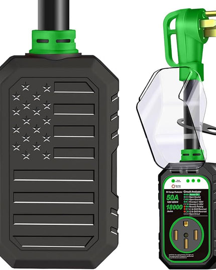 18000J RV Surge Protector 50 Amp Flag Design - Upgraded Power Surges Voltage Protection Circuit Analyzer IP68 Waterproof Cover for 50A RVS Camper Trailer Must Haves (50Amp, Green)