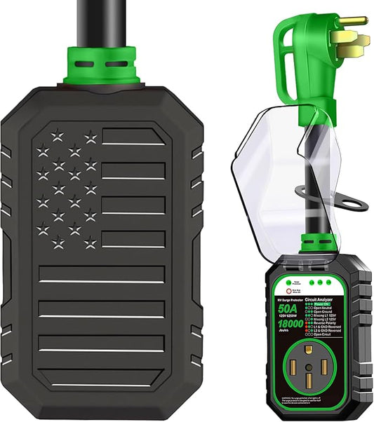 18000J RV Surge Protector 50 Amp Flag Design - Upgraded Power Surges Voltage Protection Circuit Analyzer IP68 Waterproof Cover for 50A RVS Camper Trailer Must Haves (50Amp, Green)