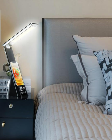 IHAO 6in1 Multifunctional Foldable LED Table Lamp with Wireless Charger Digital Alarm Clock Eye-Care Lighting 3 Color Modes 15W Qi Charger for Phone/Headphones, iWatch Charger Compatible-N61Black