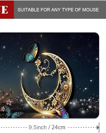 Golden Retro Fantasy Starry Moon Butterfly Square Mouse pad, Texture, Waterproof, Anti Slip Rubber Base, Computer Mouse pad