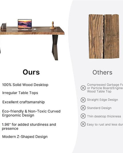 Solid Wood Desk 55 inches, Home Office Computer Desk Wooden Rustic Writing Desk Metal Modern Simple Design Executive Real Wood Desk(Rustic Brown)