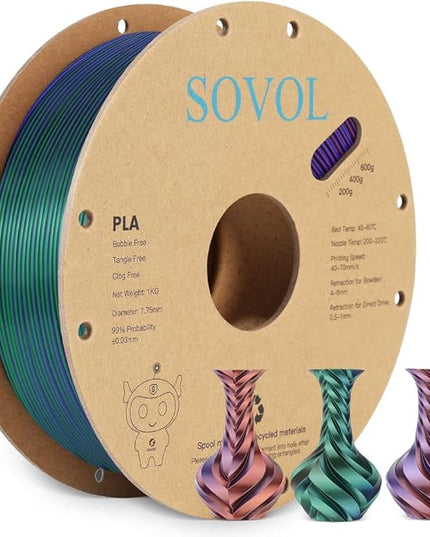 Sovol Silk PLA Filament Tri Color Co-Extrusion 1.75mm, 3D Printer Filament 1kg/ 2.2lbs, Shiny Silk Copper Purple Green 3 in 1 Coextrusion PLA Material +/-0.03mm