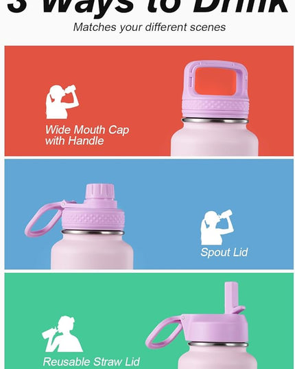 Coolflask Water Bottle 40 oz Insulated with Straw, Stainless Steel Metal 3 Lids Water Flask for Sports or Office, Keep Cold 48H Hot 24H, Pink