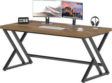 LVB Wood Computer Desk, Rustic Home Office Executive Desk for Bedroom, Industrial Wooden Computer Writing Study Work Gaming Table, Modern Metal PC Student Simple Desk with Storage, 55 Inch, Rustic Oak
