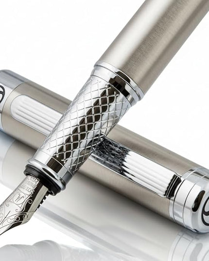 Scriveiner Stainless Steel Fountain Pen - Stunning Luxury Pen with Steel Finish, Schmidt Steel Nib (Medium), Pen Gift Set for Men & Women, Professional, Executive Office, Nice Designer Pens