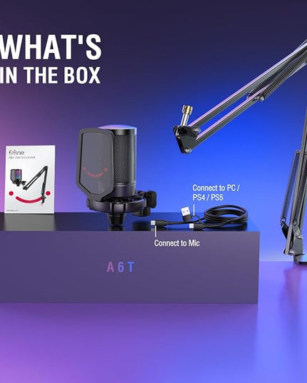 FIFINE Gaming PC USB Microphone, Podcast Condenser Mic with Boom Arm, Pop Filter, Mute Button for Streaming, Twitch, Online Chat, RGB Computer Mic for PS4/5 PC Gamer Youtuber-AmpliGame A6T