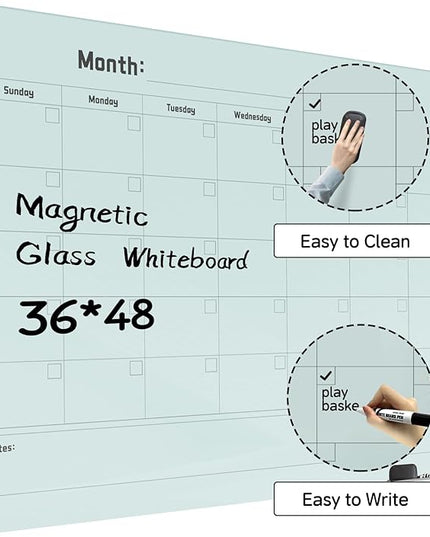 Magnetic Glass Dry Erase Board Calendar- White Board 48 x 36 Inch Wall Mounted Monthly Whiteboard, Large Frameless Glass White Board for Wall Office, Home & School