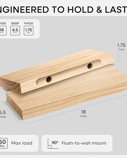 Homeforia 18 inch Natural Floating Shelf, High End Solid Real Wood 18inch Small Floating Shelves for Wall Mounted, Natural Wooden Floating Shelves, Heavy Duty Bracket, 18 X 6.5 X 1.75 in, Set of 2