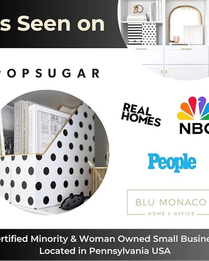 BLU MONACO Set of 4 Magazine File Boxes | 2 Black & White Stripes + 2 Polka Dots | Cardboard File Organizer Boxes for Desk, Office & Classroom Paper Storage – Foldable Magazine Holders