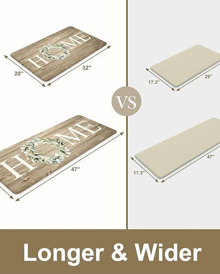 KIMODE Anti Fatigue Mats for Kitchen Floor,Farmhouse Rugs Sets of 2,Cushioned Carpet Non Slip for Laundry,Memory Foam Runner for Sink Office,Khaki 20"x47"+20"x32"