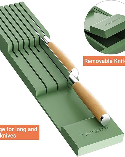 Bamboo-Silverware-Drawer-Organizer-Kitchen, Expandable Utensil Holder Cutlery Tray Flatware Organization Adjustable Wood Tableware Dividers Storage (with Removable Knife Block)(Grayish Green)