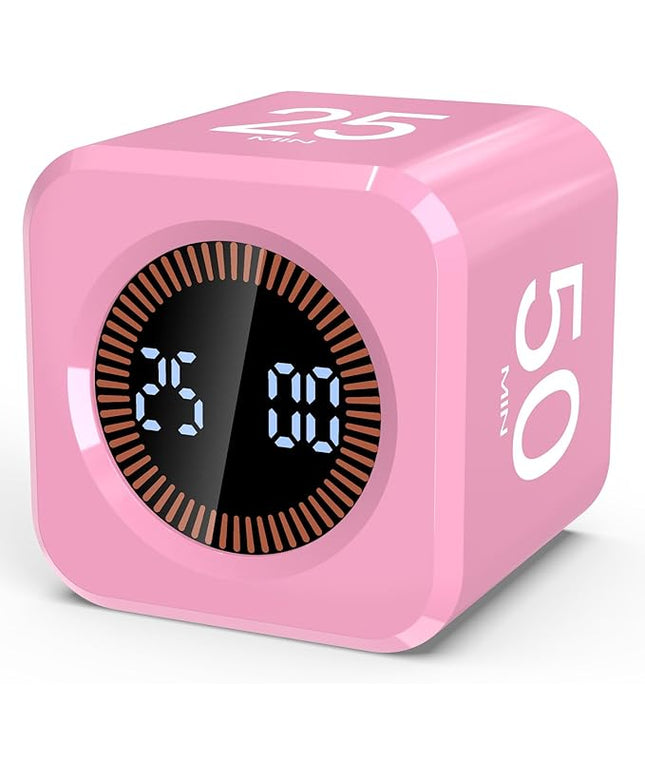 Digital Pomodoro Timer Cube 5/10/25/50min, Visual Productivity Flip Timer for Kids Classroom Desk, Custom Countdown, Silent and Sound Mode for ADHD Study Work Game Kitchen (Pink)