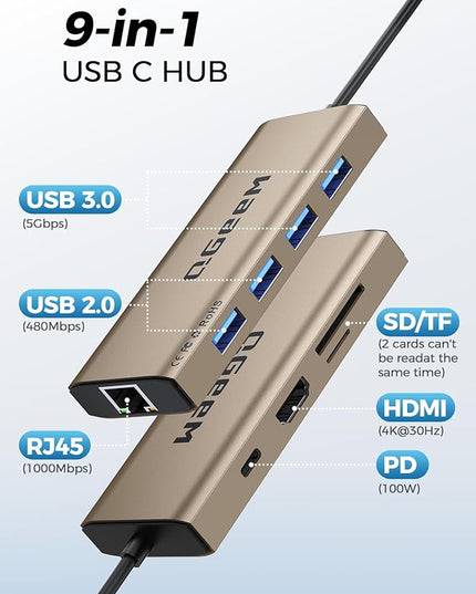 QGeeM USB C Hub Ethernet,9 in 1 USB Type C Hub HDMI Multi-Port Converter Adapter,100W Pd, USB 3.0,SD/TF Card Reader,Compatible for MacBook Pro Air Ipad HP Dell Lenovo Chromebook etc.-Brown