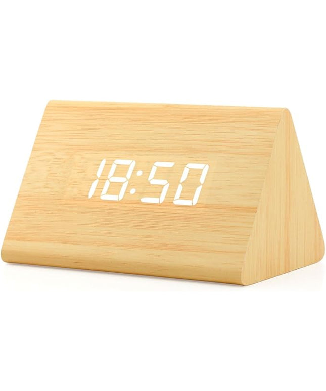 OCT17 Wooden Wood Clock, New Version LED Alarm Digital Desk Clock Adjustable Brightness, Alarm Time, Displays Time Date Temperature - Bamboo
