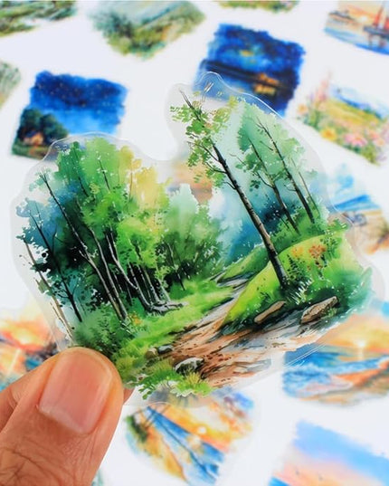 120PCS Large PET Nature Scenery Stickers for Journaling, 2.76 x 2.76 inches, 6 Assorted Landscape Scrapbook Stickers for Scrapbooking, Craft Art, Bujo, Junk Journal Supplies, Collage Decorative