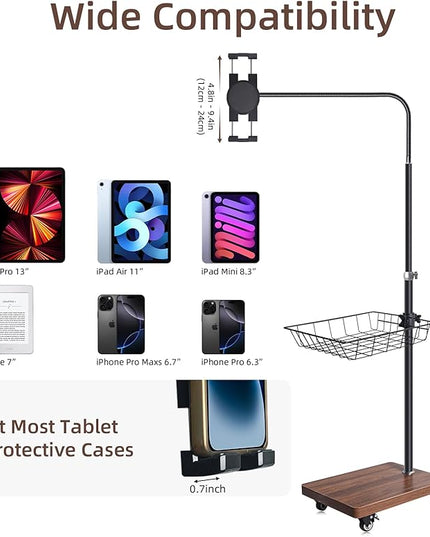 wishacc Adjustable Floor Tablet Stand with Rolling Base, Flexible Gooseneck Mount, Wood Platform, Mobile Device Holder for Indoor Use