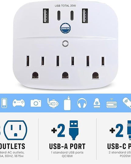 Cruise Approved Power Strip Foldable, Non Surge Protector Travel Power Strip, 2 USB-C, 2 USB, 3 AC Outlet Plugs - Cruise Essentials for Carnival, Celebrity, Princess & Major Lines in 2026 & 2027
