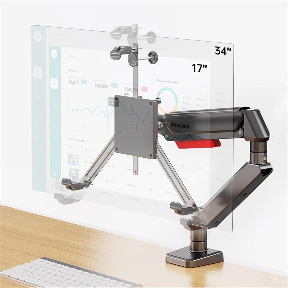 KUYBTU Monitor Arm, Single Monitor Mount Arm with Mounting Adaptor Brackets, Fit Max 32”Screens Without Mounting Holes, Adjustable Gas Spring Single Monitor Desk Mount,for Lapto