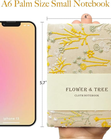 Embroidered Pocket Notebook for Women, A6 Mini Cloth Journal, Hardcover, 264 Pages, 4x6 Small Lined Notebook & Sketchbook, Beautiful Diary, Little Notepad, Apricot Yellow.
