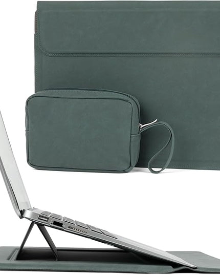 Allinside 13-14 Inch Laptop Sleeve Case for MacBook Pro 14" 2021-2024/MacBook Air 13" 2010-2017/MacBook Pro 13" 2010-2015, Waterproof Matte PU Leather Sleeve with Stand & Accessory Pouch, Dark Green