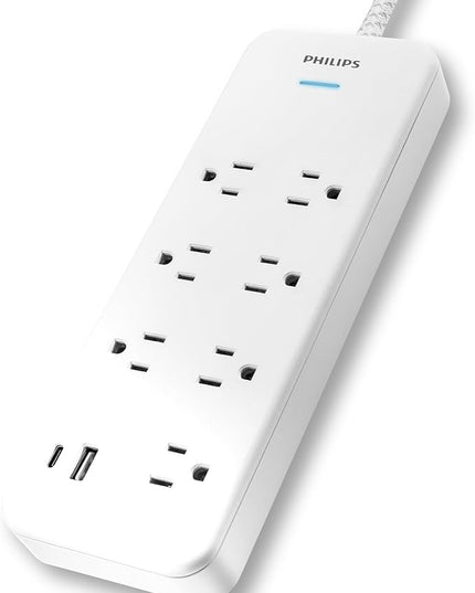 Philips 7-Outlet Surge Protector with USB Charging, 6ft Braided Extension Cord, 1USB-A, 1USB-C, 1500J, Adapter Spaced, Outlet Extender Power Strip, White - SPP3983W/37