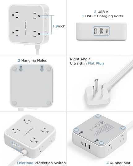 TESSAN Surge Protector Power Strip 15 Ft Cord, 8 Widely Spaced Outlets, 3 USB Charger(1 USB C Port), Ultra Thin Flat Plug Extension Cord 15 Feet, 900J Surge Protection for Home, Dorm Room Essentials