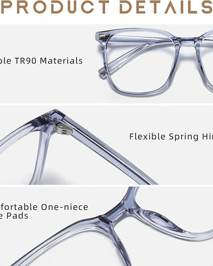 MACJERO Oversized Square Blue Light Blocking Glasses for Women Men, Anti-Fatigue Computer Monitor Gaming Glasses Reduce Eye Strain(transparent Grey)