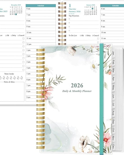 Daily Planner 2026 Full Page Per Day- 2026 Daily & Monthly Planner from January 2026 to December 2026, Day Planner 2026 with 12 Months Tabs, 6.4" x 8,5", Pink Flowers