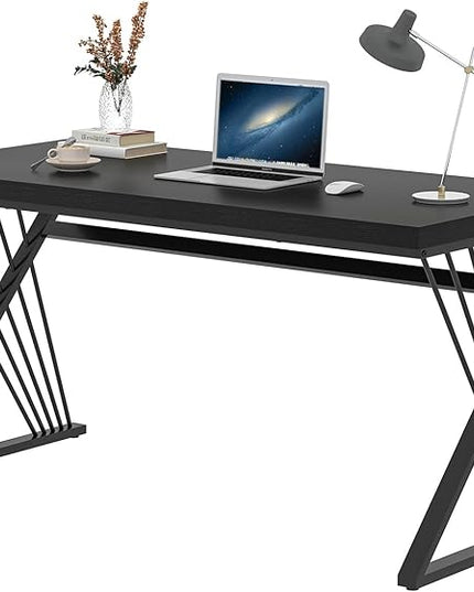 FOLUBAN Black Desk, Modern Wood and Metal Computer Desks for Home Office, Simple Writing Work PC Desk for Bedroom, Industrial Study Gaming Table for Living Room, 60 Inch