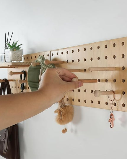 Beige Wood Pegboard Modular Display Wooden Pegboard Combination Wall Organizer Storage Wall Hooks Shelf for Home, Office, Bathroom, Comes with 2 Pieces Pegboards
