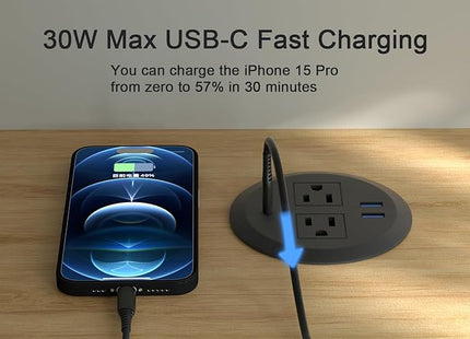 Desktop Power Grommet - 3-inch PD30W USB C Desk Fast Charging Station,3-USB Port,Flush Mounted for 3-1/8" Desk Grommet Holes,Round Recessed Power Outlet,ETL-Certified,6.3 ft Cord,Black