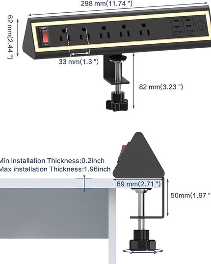 Desk Clamp Power Strip with Nightlight, 40W Fast Charging, 6FT Extension Cord, 4x20W USB-C & 2 USB Ports, 5 AC Outlets, Fits 1.69-Inch Table Edges