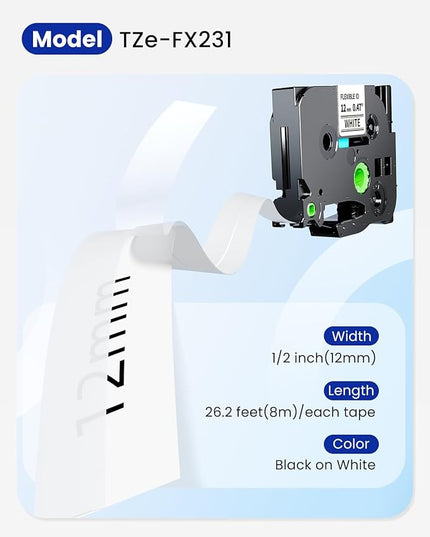 Replacement for Brother Flexible-ID TZe-FX231 12mm 0.47'' Laminated White P Touch TZe TZ Flexible Cable Wire Tape for PT-D200 PT-D220 PT-D210 PT-D600 PT-D400 PT-H100 PT-H110, 1/2" x 26.2', 4-Pack