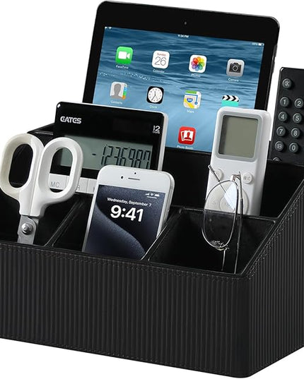 Cretkhp Remote Control Holder with 5 Compartments for Office Art Supplies, PU Leather Nightstand Organizer Pencil Pen Desk Caddy for Home, Desktop TV Remote Control Organizer Storage (Striped Black)