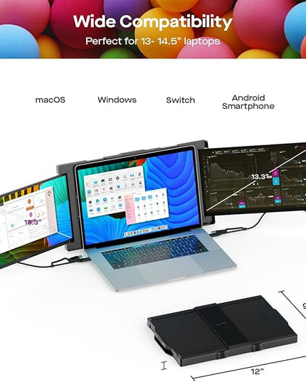 Portable Monitor - Mobile Pixels 13.3'' Trio Monitor for 13''-14'' Laptops with Built-in Kickstand, 1080P Full HD IPS Triple Screen, USB A/Type-C Plug and Play, Windows/Android/Mac (Optional Magnets)