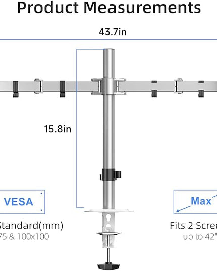 Suptek Dual Monitor Desk Mount, Adjustable Dual Monitor Arm for 2 Monitor Screens up to 42 inch, Extra Tall 15.75" Pole Monitor Stand for Desk, Holds up to 22 lbs,Silver(MD9442LS)