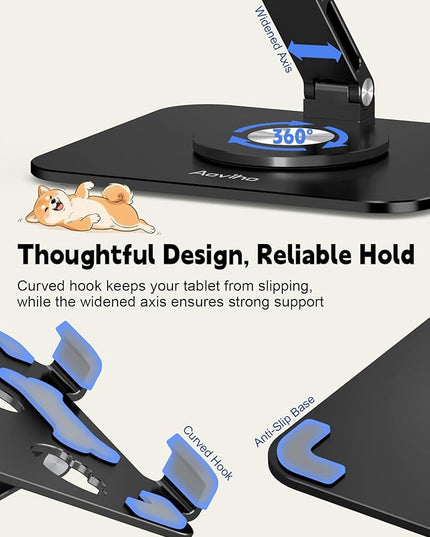 Aoviho Adjustable Tablet Stand for iPad - 360° Rotating Aluminum Desk Holder, Foldable Stable Stand for iPad Pro 12.9/11,Home Office & Travel,Great Gift for Mom & Teens, Black