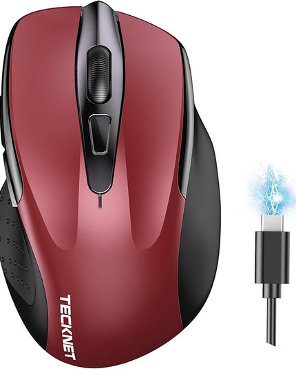 TECKNET Wireless Mouse (BT5.0/3.0 & 2.4G) Rechargeable 4800 DPI Silent USB A & Bluetooth Mouse 6 Buttons, Wide Compatibility - Red