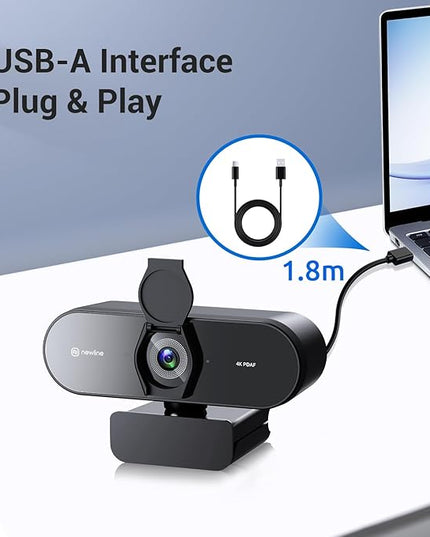 N newline 4K Webcam for PC, PDAF/CDAF Autofocus, 1080P@60FPS, 79° FOV, Auto Light Correction, 2 Noise Reduction Mics, Privacy Cover, USB-A, Streaming Camera for Skype, Teams, Online Meeting, NewEye 62