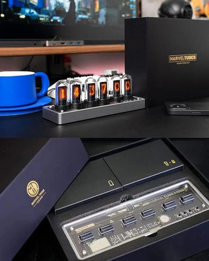 Adventurers IPS Nixie Tube Clock, Creative Electronic DIY Nixie Tube Clock Simulation with 6-Bit IPS LCD Screen,12/24 Hours, RGB Backlit Desktop Decoration,Gifts for Decorating Rooms and Desks