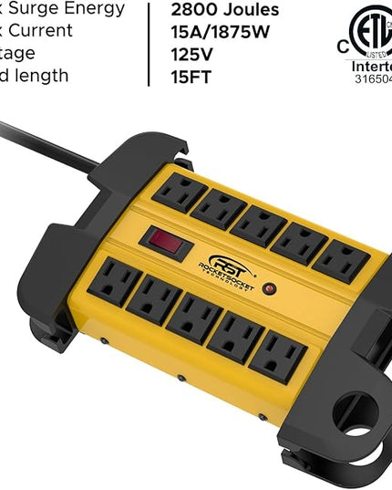 CRST 10-Outlets Heavy Duty Power Strip Metal Surge Protector with 15 Amps, 15-Foot Power Cord 2800 Joules for Garden, Kitchen, Office, School, ETL Listed(3165047) (10-Outlet, Yellow)
