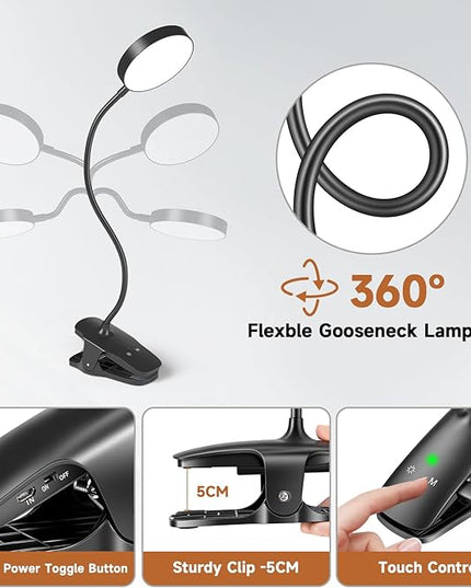 Mubarek Clip on Lamp,5 Brightness+5 Color Clip on Light,200LM 36 LED Reading Lights for Books in Bed,1800mAh Battery Powered Lamp Battery Operated Lights,Rechargeable Desk Lamp with Clamp Light