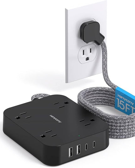 Black Extension Cord 15 Ft, HANYCONY Flat Plug Power Strip with 4 Outlets 4 USB Ports(2 USB C), Wall Mount Charging Station, No Surge Protector for Home Office College Dorm Room Travel Essentials