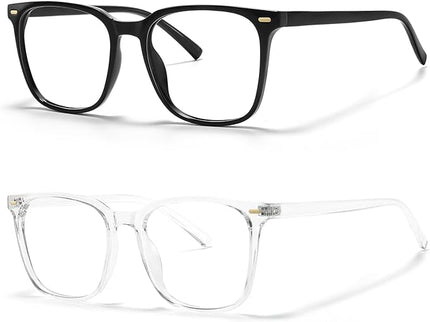 MACJERO 2-Pack Oversized Square Blue Light Blocking Glasses for Women Men, Anti-Fatigue Computer Monitor Gaming Glasses Reduce Eye Strain(Black+Clear)
