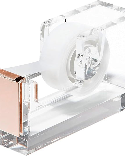 OfficeGoods Acrylic Tape Dispenser – Modern Desk Organizer for Office Supplies – Heavy Duty Refillable Tape Holder for Home and School Crafting – Stylish Desktop Accessory for Gift Wrapping, Rose Gold