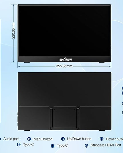 InnoView Portable Monitor 15.6" 1080P for Laptop with Protective Sleeve, Built-in 90° Adjustable Stand USB C HDMI Ultra-Slim Portable Laptop Monitor for MacBook Phone PS Xbox Switch