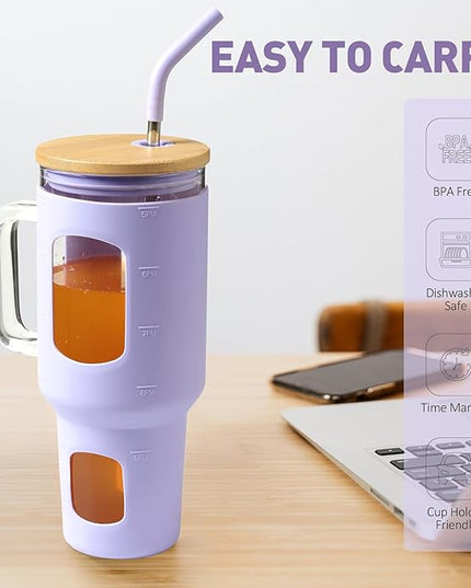 Glass Tumbler with Straw and Lid, 40 oz glass cup with handle, Glass Water Bottles with Time Marker, Silicone Protective Sleeve-Purple